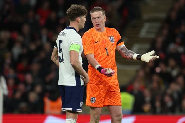 England v Brazil - International Friendly, Länderspiel, Nationalmannschaft John Stones of England and Jordan Pickford of England speak to each other after Brazil score during the international friendly match between England and Brazil at Wembley Stadium on March 23, 2024 in London, England. London Wembley Stadium England United Kingdom Copyright: xEdxSykes Sportsphoto APLx 13970067