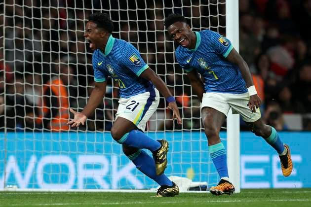England v Brazil - International Friendly, Länderspiel, Nationalmannschaft Endrick and Vinicius Junior of Brazil celebrates 1st goal during the international friendly match between England and Brazil at Wembley Stadium on March 23, 2024 in London, England. London Wembley Stadium England United Kingdom Copyright: xEdxSykes Sportsphoto APLx 13970070