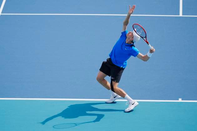 March 23, 2024, Miami, Florida, USA: Denis Shapovalov (Canada) serving to Stefanos Tsitsipas (Greece) during the second round of menÃ¢â‚¬â ¢s singles at the Miami Open tennis tournament. Shapovalov won the match 6-2, 6-4. Miami USA - ZUMAd212 20240323_zsp_d212_001 Copyright: xRichardxDolex