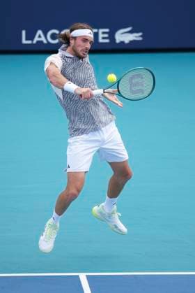 March 23, 2024, Miami, Florida, USA: Stefanos Tsitsipas (Greece) hits a backhand against Denis Shapovalov (Canada) during the second round of menÃ¢â‚¬â ¢s singles at the Miami Open tennis tournament. Shapovalov won the match 6-2, 6-4. Miami USA - ZUMAd212 20240323_zsp_d212_006 Copyright: xRichardxDolex