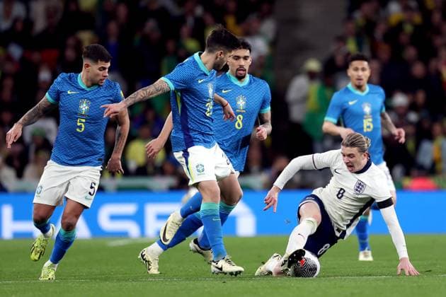 England v Brazil 23 March 2024 Wembley - England v Brazil, International Football Friendly - Conor Gallagher of England goes to ground as he is outnumbered in the midfield. (Photo by Mark Leech). London UK Copyright: xMarkxLeechxOffside