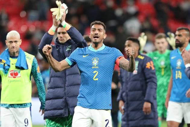 Danilo of Brazil celebrates after the International Friendly, Länderspiel, Nationalmannschaft match between England and Brazil at Wembley Stadium, London, England on 23 March 2024. Copyright: xJoshuaxSmithx 40230043