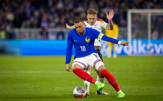 Lyon, France. 23rd Mar 2024. Kylian Mbappe (FRA), Joshua Kimmich (Deutschland) Frankreich - Deutschland France - Germany 23.03.2024