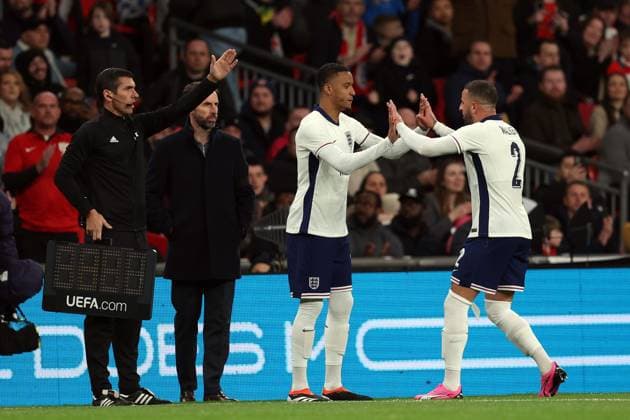 Kyle Walker of England comes off injured and is replaced by Ezri Konsta of England England v Brazil - International Friendly, Länderspiel, Nationalmannschaft Football, Wembley Stadium. UK. 23 MAR 2024 Editorial use only  Copyright: xJASONPIX Shutterstockx 14399594ay