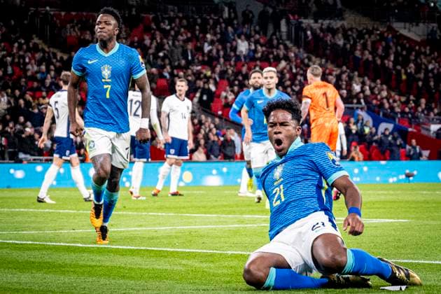 Endrick of Brazil celebrates after scoring a goal (0-1) during a game between England and Brazil at Wembley Stadium in London, England (Richard Callis SPP) Copyright: xRichardxCallis SPPx spp-en-RiCa-rmc230324-1799