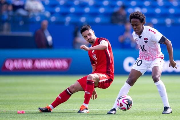 RECORD DATE NOT STATED CONCACAF NATIONS LEAGUE 2023-2024 Canada 2-0 Trinidad and Tobago - Play In Stephen Eustaquio (L) of Canada fights for the ball with Real Gill (R) of Trinidad during the Play In match between Canada and Trinidad and Tobago as part of the 2024 Concacaf Nations League, for the pass to the Copa America in the United States 2024, at Toyota Stadium, Frisco, Texas, on March 23, 2024. FRISCO TEXAS UNITED STATES  Copyright: xJosexLuisxMelgarejox 20240323160751_CNL_24_PLAY_IN_CAN_TRI_EUSTAQUIO151