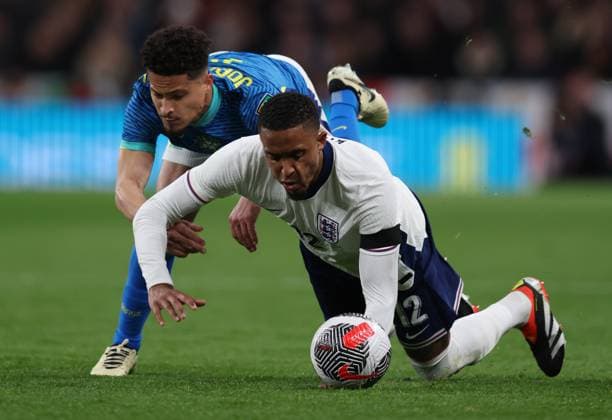 Ezri Konsta of England with Joao Gomes of Brazil England v Brazil - International Friendly, Länderspiel, Nationalmannschaft Football, Wembley Stadium. UK. 23 MAR 2024 Editorial use only  Copyright: xJASONPIX Shutterstockx 14399594dt
