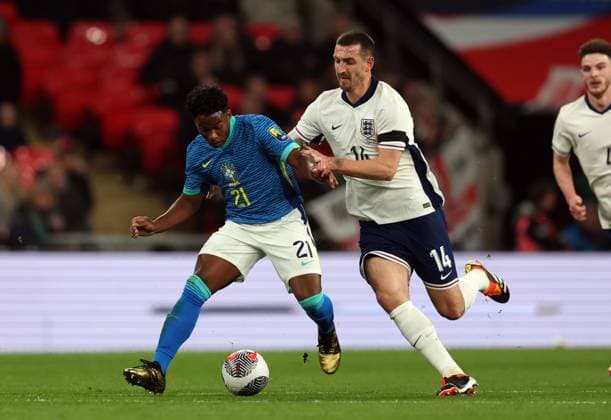 Endrick of Brazil with Lewis Dunk of England England v Brazil - International Friendly, Länderspiel, Nationalmannschaft Football, Wembley Stadium. UK. 23 MAR 2024 Editorial use only  Copyright: xJASONPIX Shutterstockx 14399594gm
