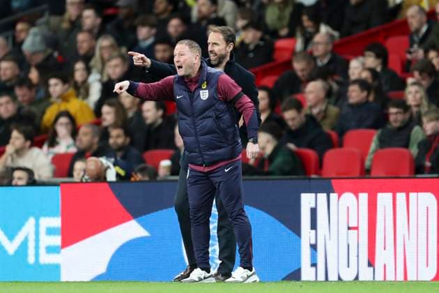 England v Brazil England Manager Gareth Southgate and Assistant Manager Steve Holland gestures during the England v Brazil International Friendly, Länderspiel, Nationalmannschaft match at Wembley Stadium, London, England, United Kingdom on 23 March 2024 Editorial use only. All images are copyright Every Second Media Limited. No images may be reproduced without prior permission. Copyright: xIMAGO EveryxSecondxMediax ESM-0964-0087