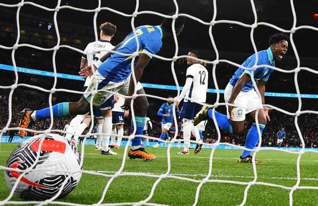 London-England, March 23, 2024 - Endrick of Brazil celebrates his first goal for his country and becomes youngest ever goalscorer at Wembley during the International Friendly, Länderspiel, Nationalmannschaft football match between England and Brazil at Wembley Stadium in London, England (Andre Ricardo SPP) Copyright: xAndrexRicardox xSPPx spp-en-AnRiSp-rmc230324-80