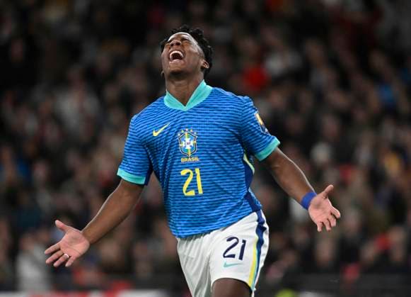 London-England, March 23, 2024 - Endrick of Brazil celebrates his first goal for his country and becomes youngest ever goalscorer at Wembley during the International Friendly, Länderspiel, Nationalmannschaft football match between England and Brazil at Wembley Stadium in London, England (Andre Ricardo SPP) Copyright: xAndrexRicardox xSPPx spp-en-AnRiSp-rmc230324-90