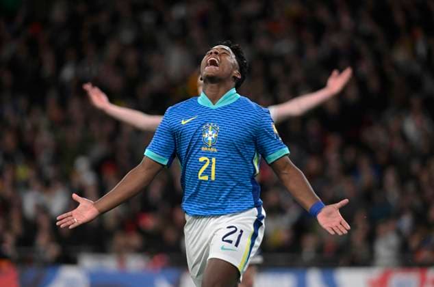 London-England, March 23, 2024 - Endrick of Brazil celebrates his first goal for his country and becomes youngest ever goalscorer at Wembley during the International Friendly, Länderspiel, Nationalmannschaft football match between England and Brazil at Wembley Stadium in London, England (Andre Ricardo SPP) Copyright: xAndrexRicardox xSPPx spp-en-AnRiSp-rmc230324-29