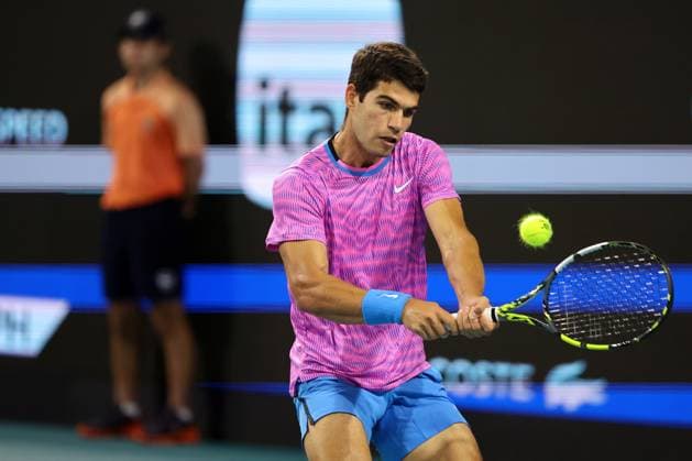 March 23, 2024, Miami Gardens, Florida, United States Of America: MIAMI GARDENS, FLORIDA - MARCH 23: Carlos Alcaraz of Spain defeats Roberto Carballes Baena of Spain during their match at Hard Rock Stadium on March 23, 2024 in Miami Gardens, Florida....People: Carlos Alcaraz Miami Open Presented by Itau 2024 - Day 8  - ZUMAs214 20240323_ada_s214_134 Copyright: xSMGx