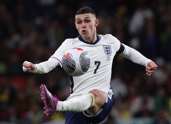 Phil Foden of England & Manchester City. - England v Brazil, International Friendly, Länderspiel, Nationalmannschaft Match, Wembley Stadium, London, UK. - 23rd March 2024. Editorial Use Only - DataCo restrictions apply. England v Brazil, International Friendly, Football, Wembley Stadium, London, UK - 23 Mar 2024 EDITORIAL USE ONLY No use with unauthorised audio, video, data, fixture lists, club league logos or live services. Online in-match use limited to 120 images, no video emulation. No use in betting, games or single club league player publications.  Copyright: xRichardxCalver Shutterstockx 14398650ah