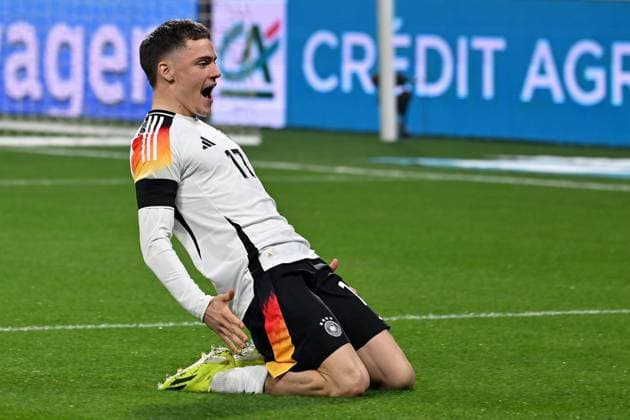 Lyon, Groupama Stadium, 23.03.24, GER, Herren, Laenderspiel, Frankreich-Deutschland Bild: Florian WIRTZ (Deutschland) jubelt nach seinem Tor zum 0:1 Only for editorial use! UEFA regulations prohibit any use of photographs as image sequences and or quasi-video. Auvergne-Rhone-Alpes Frankreich