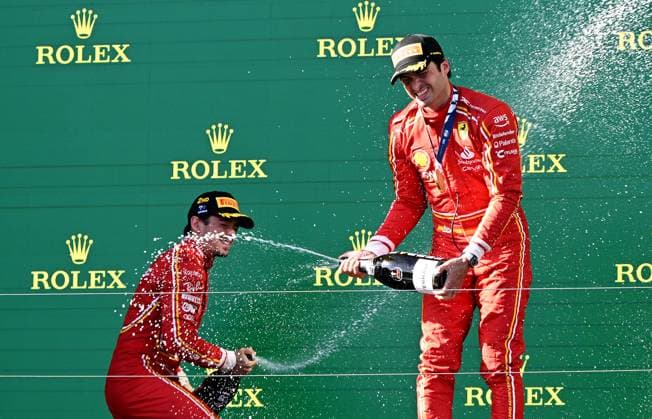 AUSTRALIAN F1 GRAND PRIX, Charles Leclerc of Monaco (left) and Carlos Sainz of Spain celebrate following the Australian Grand Prix 2024 at Albert Park Circuit in Melbourne, Sunday, March 24, 2024. ( NO ARCHIVING, EDITORIAL USE ONLY, NO USE IN BOOKS WITHOUT CONSENT MELBOURNE VICTORIA AUSTRALIA  Copyright: xJOELxCARRETTx 20240324001921958703