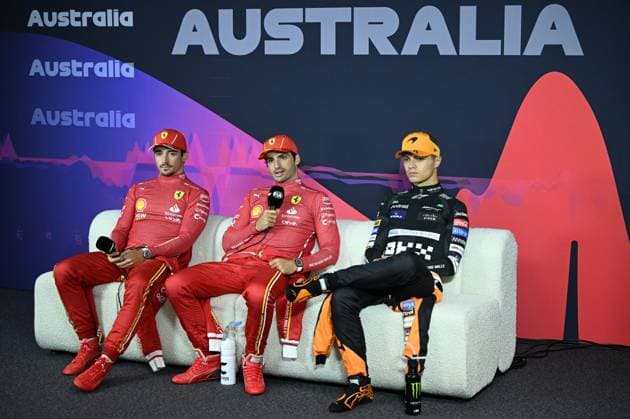 AUSTRALIAN F1 GRAND PRIX, L-R: Charles Leclerc of Monaco, Carlos Sainz of Spain and Lando Norris of Britain are seen during a press conference, PK, Pressekonferenz following the Australian Grand Prix 2024 at Albert Park Circuit in Melbourne, Sunday, March 24, 2024. ( NO ARCHIVING, EDITORIAL USE ONLY, NO USE IN BOOKS WITHOUT CONSENT MELBOURNE VICTORIA AUSTRALIA  Copyright: xJOELxCARRETTx 20240324001921964037