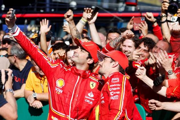March 24, 2024, Melbourne, Victoria, Australia: MELBOURNE, AUSTRALIA - MARCH 24: Carlos Sainz of Spain and Charles LeClerc of Monaco of Scuderia Ferrari after winning the 2024 Australian Grand Prix at Albert Park in Melbourne, Australia Melbourne Australia - ZUMAp121 20240324_zsp_p121_017 Copyright: xChrisxPutnamx