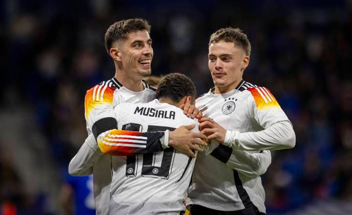 Lyon, France. 23rd Mar 2024. Torjubel: Kai Havertz (Deutschland) Jamal Musiala (Deutschland) Florian Wirtz (Deutschland) Frankreich - Deutschland France - Germany 23.03.2024
