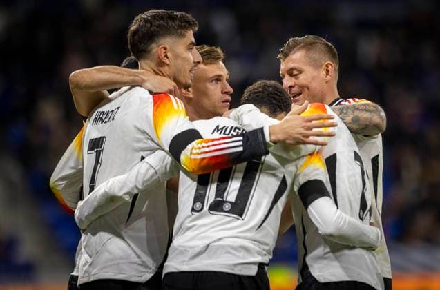 Lyon, France. 23rd Mar 2024. Torjubel: Kai Havertz (Deutschland) Joshua Kimmich (Deutschland) Jamal Musiala (Deutschland) Toni Kroos (Deutschland) Frankreich - Deutschland France - Germany 23.03.2024