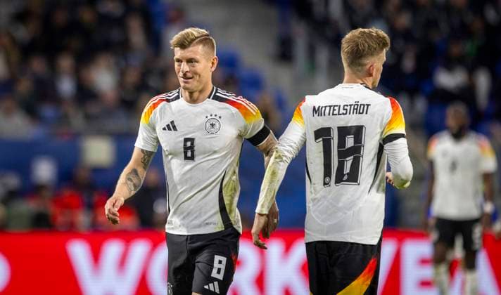 Lyon, France. 23rd Mar 2024. Toni Kroos (Deutschland) Maximilian Mittelstädt (Deutschland) Frankreich - Deutschland France - Germany 23.03.2024