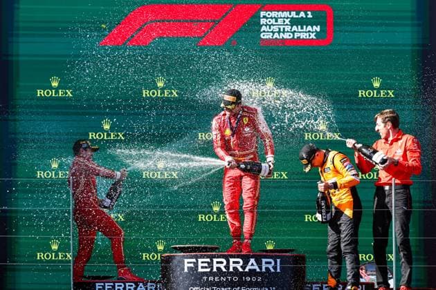 (240324) -- MELBOURNE, March 24, 2024 -- Race winner Ferrari s Carlos Sainz (2nd L) of Spain, second placed Ferrari s Charles Leclerc (1st L) of Monaco, third placed Mclaren s Lando Norris of Britain (2nd R) celebrate on the podium during the Australian Formula One Grand Prix at Albert Park in Melbourne, Australia, March 24, 2024. (Photo by Xinhua) (SP) AUSTRALIA-MELBOURNE-F1-GRAND PRIX 2024 QianxJun 