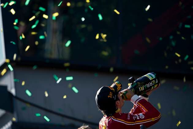 March 24, 2024, Melbourne, Australia: Spanish driver CARLOS SAINZ Jr (Scuderia Ferrari) on the podium after winning the 2024 FIA Formula 1 Australian Grand Prix at Albert Park Circuit in Melbourne, Australia. Melbourne Australia - ZUMAg147 20240324_fap_g147_037 Copyright: xJamesxGasperottix