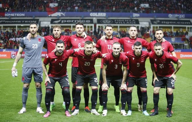 Albanien Mannschaftsbild (hi. V. li.) Torwart Thomas Strakosha, Taulant Seferi, Berat Djimsiti, Enea Mihaj, Rey Manaj, Nedim Bajrami; (vorn v. li.) Elseid Hysaj, Ylber Ramadani, Mario Mitaj, Jasir Asani, Kristjan Asllani Albanian National football team, during the friendly football match the national team, Nationalteam of Albania, on 23 March 2023 at Ennio Tardini Stadium in Parma, Italy. Photo Nderim KACELI  Copyright: xNderimxKaceli IPAxSportx xipa-agx xx IPA_44604009 IPA_Agency_IPA44604009