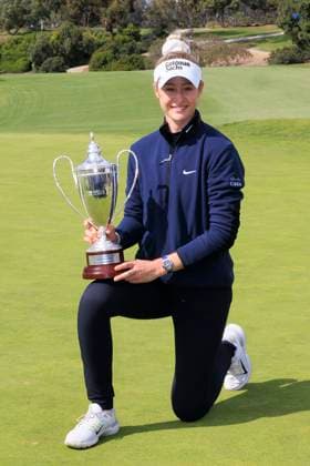 March 24, 2024, Palos Verdes, California, USA: Nelly Korda of the United States poses with the trophy after winning the FIR HILLS SERI PAK Championship on Sunday March 24, 2024 at the Palos Verdes Golf Club in Palos Verdes, California. JAVIER ROJAS PI Palos Verdes USA - ZUMAp124 20240324_zaa_p124_012 Copyright: xJavierxRojasx