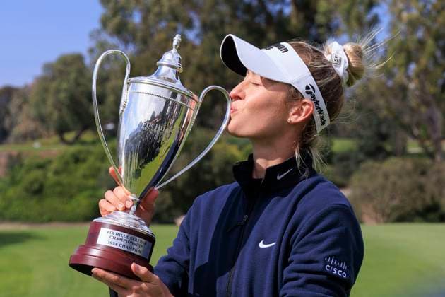 March 24, 2024, Palos Verdes, California, USA: Nelly Korda of the United States kisses the trophy after winning the FIR HILLS SERI PAK Championship on Sunday March 24, 2024 at the Palos Verdes Golf Club in Palos Verdes, California. JAVIER ROJAS PI Palos Verdes USA - ZUMAp124 20240324_zaa_p124_011 Copyright: xJavierxRojasx