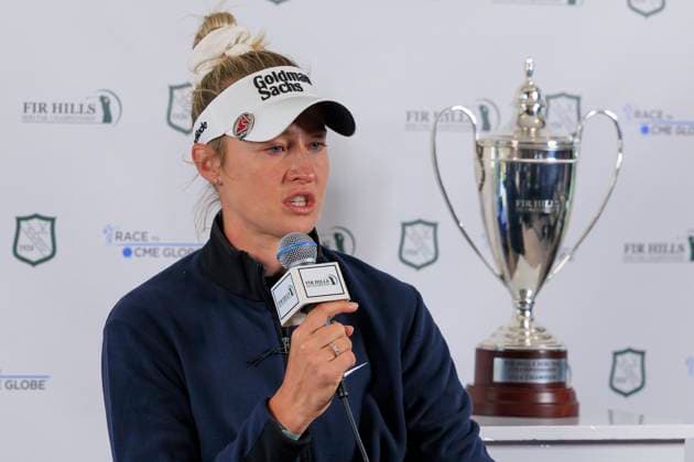 March 24, 2024, Palos Verdes, California, USA: Nelly Korda of the United States is interviewed after winning the FIR HILLS SERI PAK Championship on Sunday March 24, 2024 at the Palos Verdes Golf Club in Palos Verdes, California. JAVIER ROJAS PI Palos Verdes USA - ZUMAp124 20240324_zaa_p124_014 Copyright: xJavierxRojasx