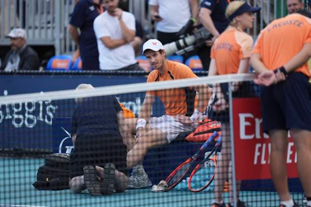 March 24, 2024, Miami, Florida, USA: Andy Murray takes a medical time out after injuring his ankle late in the third set against Tomas Machac (Czech Republic) during the third round of menÃ¢â‚¬â ¢s singles at the Miami Open tennis tournament. Machac won the match 5-7,7-5, 7-6. Miami USA - ZUMAd212 20240324_zsp_d212_070 Copyright: xRichardxDolex