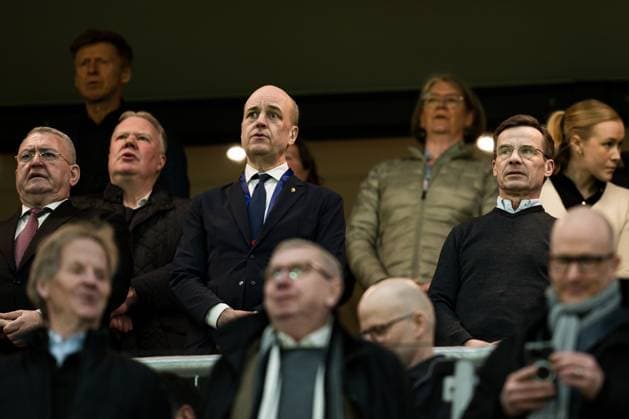 240325 Fredrik Reinfeldt, president of the Swedish Football Association and Ulf Kristersson, Prime Minister of Sweden during the International Friendly, Länderspiel, Nationalmannschaft football match between Sweden and Albania on March 25, 2024 in Stockholm. Photo: Joel Marklund BILDBYRAN kod JM JM0569 bbeng fotboll football soccer fotball träningslandskamp träningsmatch international friendly landskamp sverige sweden sverige a albanien albania Copyright: JOELxMARKLUND BB240325JM062