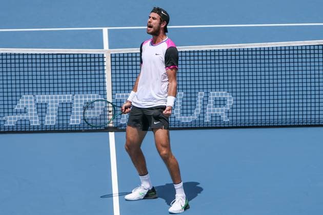 March 25, 2024, Miami Gardens, Florida, USA: Karen Khachanov reacts after winning his third round of men s singles at the 2024 Miami Open presented by Itau at Hard Rock Stadium. Miami Gardens USA - ZUMAw109 20240325_fap_w109_002 Copyright: xDebbyxWongx