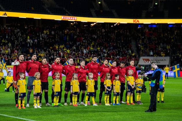 240325 Players of of Albania sing their national anthem ahead of the International Friendly, Länderspiel, Nationalmannschaft football match between Sweden and Albania on March 25, 2024 in Stockholm. Photo: Joel Marklund BILDBYRAN kod JM JM0569 bbeng fotboll football soccer fotball träningslandskamp träningsmatch international friendly landskamp sverige sweden sverige a albanien albania Copyright: JOELxMARKLUND BB240325JM198