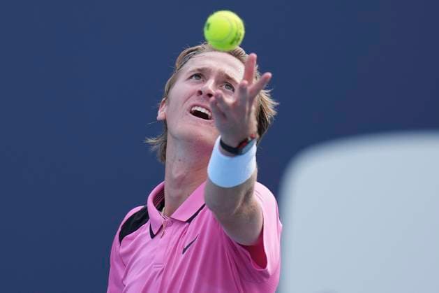 March 25, 2024, Miami, Florida, USA: Sebastian Korda (USA) serving against Hubert Hurkacz (Poland) during the third round of menÃ¢â‚¬â ¢s singles at the Miami Open tennis tournament. Hurkacz won the match 7-6, 6-7, 6-3. Miami USA - ZUMAd212 20240325_zsp_d212_105 Copyright: xRichardxDolex