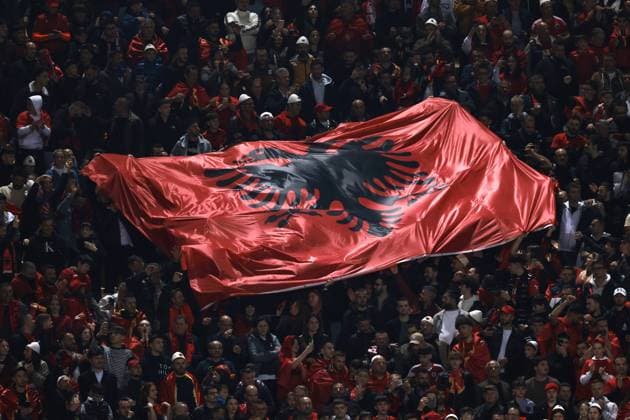 Parma, Italy, 22nd March 2024. Albania fans pass a large flag across the stadium during the International Friendly, Länderspiel, Nationalmannschaft match at Stadio Ennio Tardini, Parma. Picture credit should read: Jonathan Moscrop Sportimage EDITORIAL USE ONLY. No use with unauthorised audio, video, data, fixture lists, club league logos or live services. Online in-match use limited to 120 images, no video emulation. No use in betting, games or single club league player publications. SPI-3023-0073