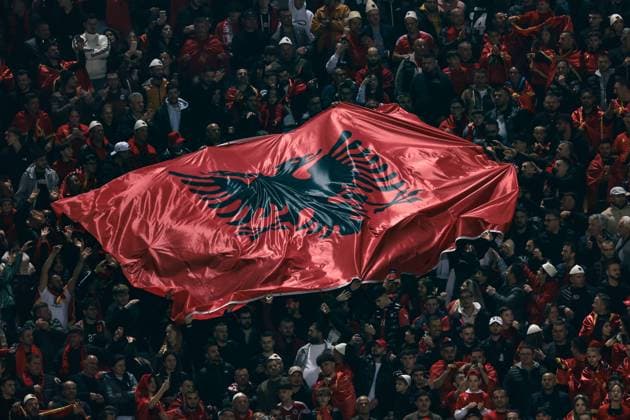 Parma, Italy, 22nd March 2024. Albania fans pass a large flag across the stadium during the International Friendly, Länderspiel, Nationalmannschaft match at Stadio Ennio Tardini, Parma. Picture credit should read: Jonathan Moscrop Sportimage EDITORIAL USE ONLY. No use with unauthorised audio, video, data, fixture lists, club league logos or live services. Online in-match use limited to 120 images, no video emulation. No use in betting, games or single club league player publications. SPI-3023-0093