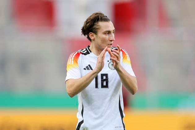 Rocco Reitz (Germany) jubelt, UEFA European Under-21 Championship Qualifying - Group D, Germany vs Israel, Erdgas-Sportpark, 26.03.2024, Halle, Deutschland.