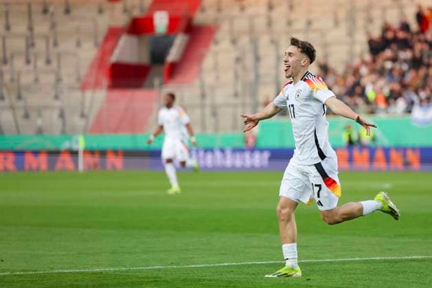 Brajan Gruda (Germany) bejubelt seinen Treffer zum 1:0, UEFA European Under-21 Championship Qualifying - Group D, Germany vs Israel, Erdgas-Sportpark, 26.03.2024, Halle, Deutschland.