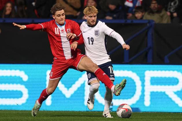 Tim Flick of Luxembourg and Harvey Elliott of England England U21, U 21 v Luxembourg U21, UEFA U21 European Championship, EM, Europameisterschaft 2023 Qualifying, Group F, Football, Toughsheet Community Stadium, Bolton, UK - 26 Mar 2024 EDITORIAL USE ONLY No use with unauthorised audio, video, data, fixture lists, club league logos or live services. Online in-match use limited to 120 images, no video emulation. No use in betting, games or single club league player publications.  Copyright: xPaulxCurrie Shutterstockx 14400423q