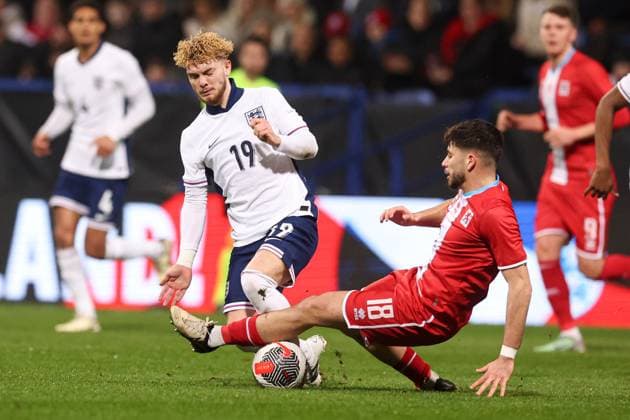Miguel Goncalves of Luxembourg fouls Harvey Elliott of England England U21, U 21 v Luxembourg U21, UEFA U21 European Championship, EM, Europameisterschaft 2023 Qualifying, Group F, Football, Toughsheet Community Stadium, Bolton, UK - 26 Mar 2024 EDITORIAL USE ONLY No use with unauthorised audio, video, data, fixture lists, club league logos or live services. Online in-match use limited to 120 images, no video emulation. No use in betting, games or single club league player publications.  Copyright: xPaulxCurrie Shutterstockx 14400423t