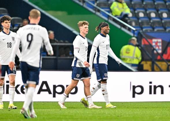 UEFA EURO, EM, Europameisterschaft,Fussball U21, U 21 Qualifiers Group F England U21 v Luxembourg U21 Noni Madueke of England celebrates his goal to make it 1-0 England, during the UEFA Euro U21 Qualifiers Group F match England U21 vs Luxembourg U21 at Toughsheet Community Stadium, Bolton, United Kingdom, 26th March 2024 (Photo by Cody Froggatt News Images) Bolton Toughsheet Community Stadium Greater Manchester United, ManU Kingdom Copyright: xCodyxFroggatt NewsxImagesx