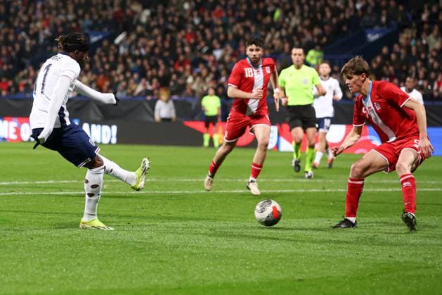 Noni Madueke of England scores the 1st goal England U21, U 21 v Luxembourg U21, UEFA U21 European Championship, EM, Europameisterschaft 2023 Qualifying, Group F, Football, Toughsheet Community Stadium, Bolton, UK - 26 Mar 2024 EDITORIAL USE ONLY No use with unauthorised audio, video, data, fixture lists, club league logos or live services. Online in-match use limited to 120 images, no video emulation. No use in betting, games or single club league player publications.  Copyright: xPaulxCurrie Shutterstockx 14400423y