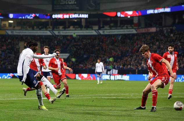 26th March 2024; Toughsheet Community Stadium, Bolton, Greater Manchester, England; UEFA U21, U 21 EURO Qualifier, EM, Europameisterschaft England U21 versus Luxembourg U21; Noni Madueke of England scores to give his side a 1-0 lead after 24 minutes  ActionPlus12621808 DavidxBlunsden