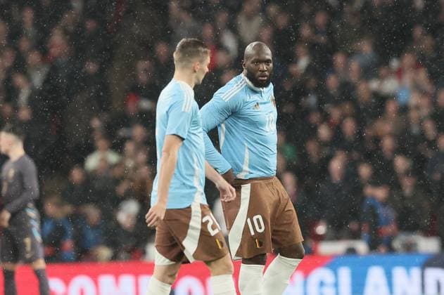 Belgium s Timothy Castagne and Belgium s Romelu Lukaku pictured during a friendly soccer game between England and Belgian national team, Nationalteam Red Devils, on Tuesday 26 March 2024 in London, United Kingdom. The teams are preparing for this summers Euro 2024 tournament. BRUNOxFAHY  x89885620x