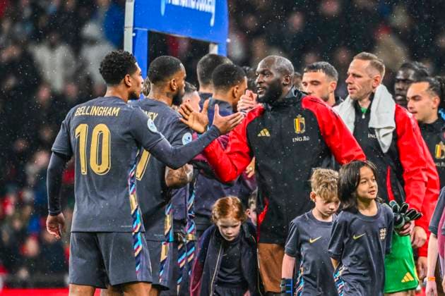 England v Belgium Friendly Match WEMBLEY LONDON, UNITED KINGDOM - MARCH 26 : Lukaku Romelu forward of Belgium, Bellingham Jude midfielder of England before the game during the friendly game match between England and Belgium in preparation of the UEFA EURO, EM, Europameisterschaft,Fussball 2024 tournament on March 26, 2024 in Wembley London, United Kingdom, 26 03 2024 Wembley London United Kingdom  Copyright: xVincentxKalutx