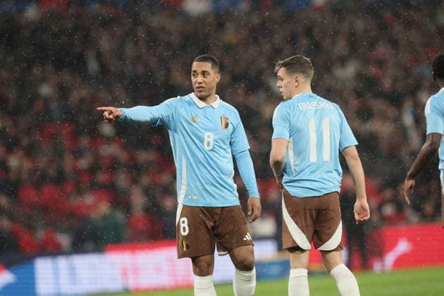 Belgium s Youri Tielemans and Belgium s Leandro Trossard pictured at the start of a friendly soccer game between England and Belgian national team, Nationalteam Red Devils, on Tuesday 26 March 2024 in London, United Kingdom. The teams are preparing for this summers Euro 2024 tournament. BRUNOxFAHY  x89885754x