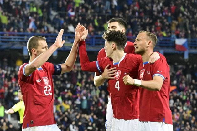 L-R Tomas Soucek, Ladislav Krejci II and Antonin Barak (CZE) celebrate a goal during the friendly soccer match Czechia vs Armenia in Prague, Czech Republic, March 26, 2024. (CTKxPhoto RomanxVondrous) CTKPhotoP2024032608244  CTKPhotoP2024032608244