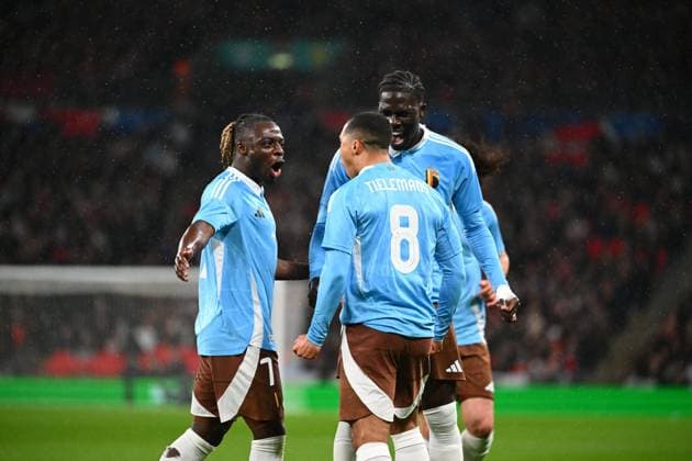 England v Belgium Friendly Match WEMBLEY LONDON, UNITED KINGDOM - MARCH 26 : Doku Jeremy forward of Belgium, Onana Amadou midfielder of Belgium, Tielemans Youri midfielder of Belgium celebrating scoring a goal with teammates during the friendly game match between England and Belgium in preparation of the UEFA EURO, EM, Europameisterschaft,Fussball 2024 tournament on March 26, 2024 in Wembley London, United Kingdom, 26 03 2024 Wembley London United Kingdom  Copyright: xVincentxKalutx
